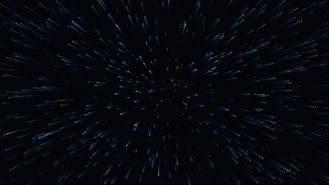 Abstract starfield tunnel effect with glowing blue light trails moving fast through dark cosmos background digital light motion graphics for high speed space flight.
