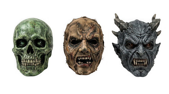 Three scary halloween masks including a green skull, a burlap zombie, and a horned demon isolated on transparent background