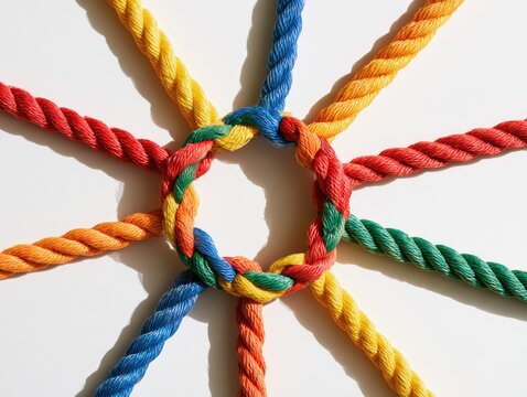 Colorful Ropes Intertwined in a Circle Symbolizing Unity and Teamwork.