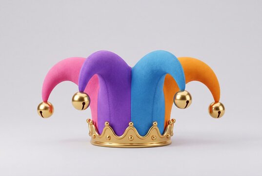 Colorful jester hat with gold bells and crown isolated on white background
