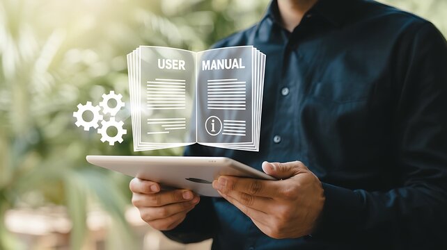 User manual concept with professional holding tablet and digital instruction documents