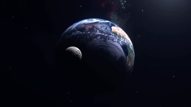 Earth and Moon aligned in orbital perspective, glowing day-night boundary, bright sunlight on clouds, ocean reflections, South America and Africa visible against deep starfield