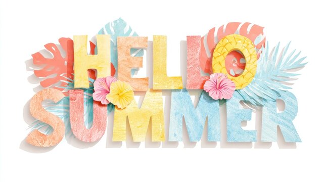 Hello Summer Vibrant Tropical Decor with Flowers and Leaves.