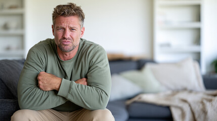 Fototapeta premium Mature man sits with crossed arms and a painful expression at home, physical discomfort, illness symptom, sick day, home recovery.