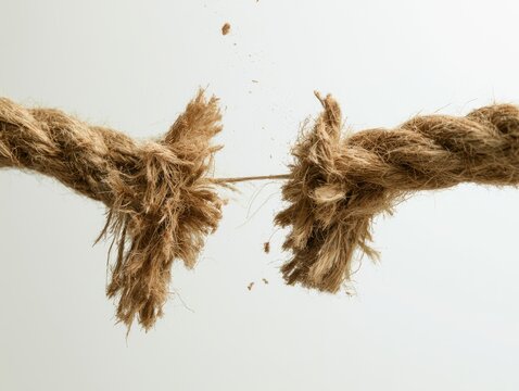 Close-up of a thick natural fiber rope fraying and about to break.
