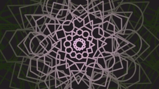 Abstract geometric mandala pattern with overlapping shapes on dark background