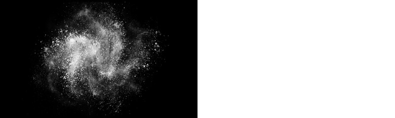 Obraz premium Explosion of white powder or flour isolated on black background, freeze motion of dust particles, abstract cloud isolated on transparent background