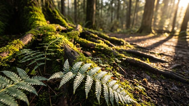 An intimate ground-level view emphasizing the microcosmic beauty of the forest floor's lifecycle.