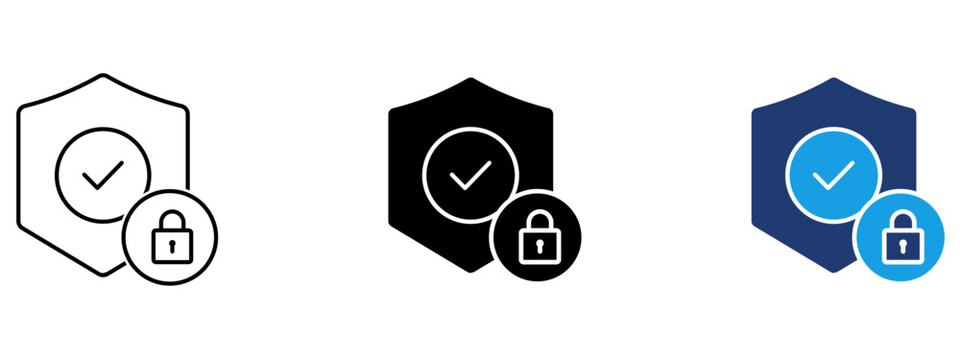 Security icon with shield check mark and padlock. Symbol of cyber security, data protection, verified safety, privacy defense, secure access, compliance, trust, authentication system.
