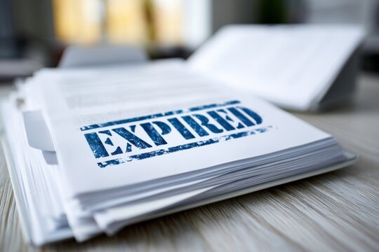 Stacked documents on wooden surface prominently marked with weathered blue expired stamp symbolizing outdated or invalid paperwork concept