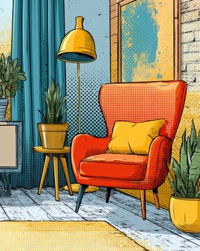 A colorful corner features an orange chair, yellow lamp, and plants. Retro decor fills the space with warm tones and comic-style shading.