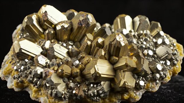 Close-up of Fool's Gold Pyrite Crystals on a Rocky Matrix, Natural Mineral Specimen with Golden Metallic Luster
