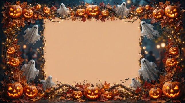 Dark magical Halloween frame with pumpkins and ghosts