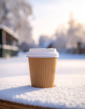 Paper Coffee Cup Topped with Snow on Winter Terrace