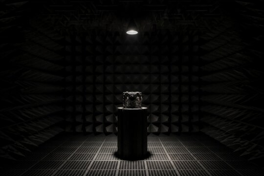 Metal artifact illuminated on pedestal in anechoic chamber