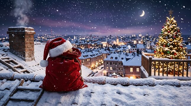 Santa claus sack with a red hat on a snowy rooftop overlooking a festive city at night with a glowing christmas tree and falling snow