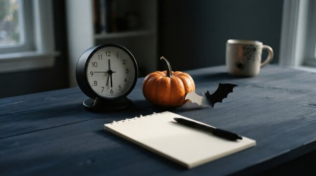 Desk with notebook pen clock and pumpkin