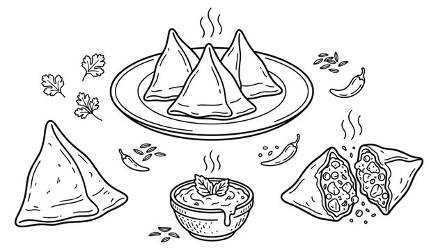 Traditional Indian Samosa Vector Illustration Set Featuring Fried Pastry Triangles Chutney Dip Chili Pepper Cumin Seeds and Coriander Leaves Doodle Graphics