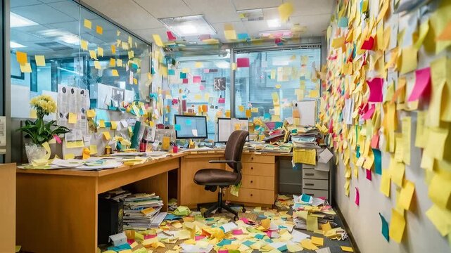 Colorful chaos of sticky notes filling an office space. Experience the vibrant and hectic atmosphere of an office overwhelmed with sticky notes and clutter