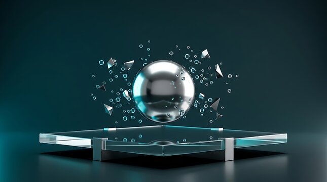 Polished chrome sphere floating above glass platform with floating geometric shards around.