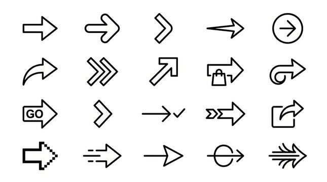 Collection of minimalist flat design icons representing various directions and actions.