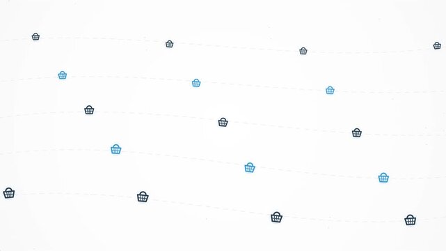 Abstract digital technology background featuring a minimalist network of blue and grey pentagonal icons connected by thin lines on a white space