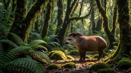 Obraz premium Brown tapir walks in deep green forest thick with moss and ferns. Sunlight streams through trees onto the forest floor where rocks are covered in verdant growth.