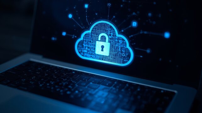 Secure cloud data backup displayed on laptop keyboard with glowing digital lock with showcases futuristic laptop hologram symbolizing secure