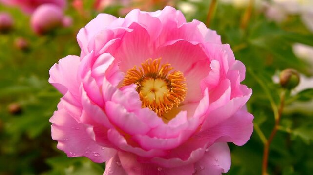 Blooming pink peony flower in spring garden. Close up of vibrant peony blossom with yellow center. Floral background for wedding and wellness.