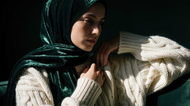 Woman wears emerald velvet hijab and cream knit sweater. She looks thoughtful, exuding modern modesty and sophisticated style. Elegant pose.