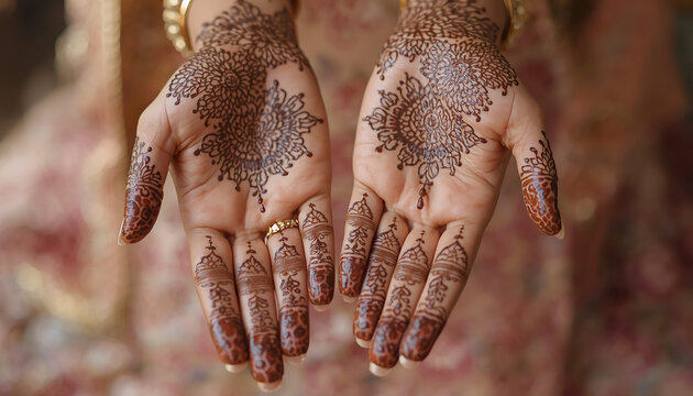 Beautiful brown henna hands, intricate mehndi designs on female palms, traditional Indian bridal jewelry and ethnic body art, wedding celebration