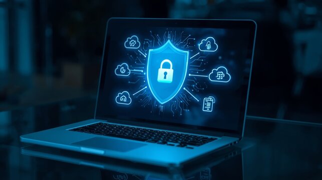 Modern laptop showcasing secure cloud network protection with glowing shield icon with protection through illuminated