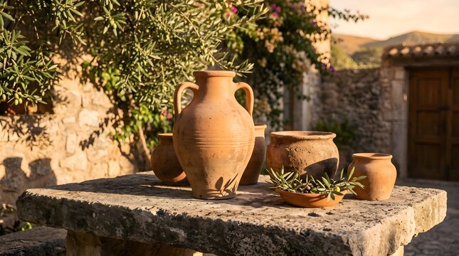 Traditional clay amphora jars on stone table with mediterranean, tradition