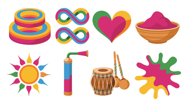 Happy Holi Festival of Colors Vector Icon Set featuring Powder Gulal Bowls, Infinite Rainbow Loops, Sun, Pichkari Water Pump, Dholak Drum, and Splash Splatters