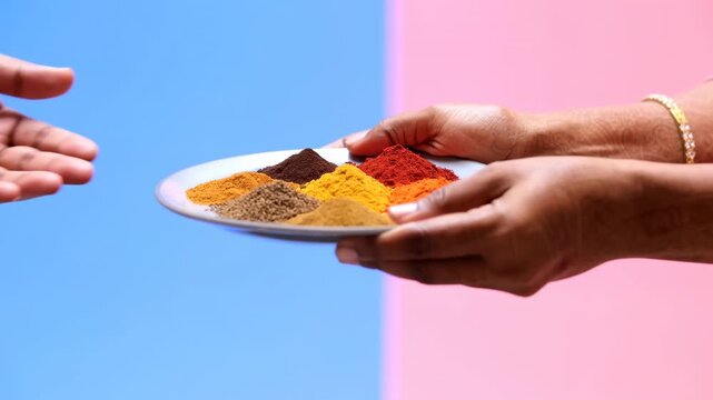 Adult hands passing shallow white plate topped with colorful powdered spices against split pastel blue and pink studio background, showing careful exchange, texture, and balanced culinary presentation