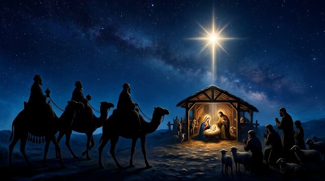 Nativity scene with the three wise men, mary, joseph, and baby jesus under the star of bethlehem in a starry night sky