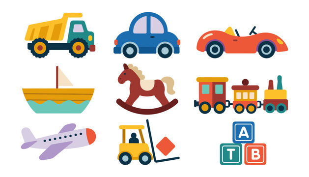 Cute Childrens Toy Vehicle and Playroom Element Vector Icon Set with Dump Truck, Blue Car, Racecar, Sailboat, Rocking Horse, Train, Airplane, Forklift, and Alphabet Blocks