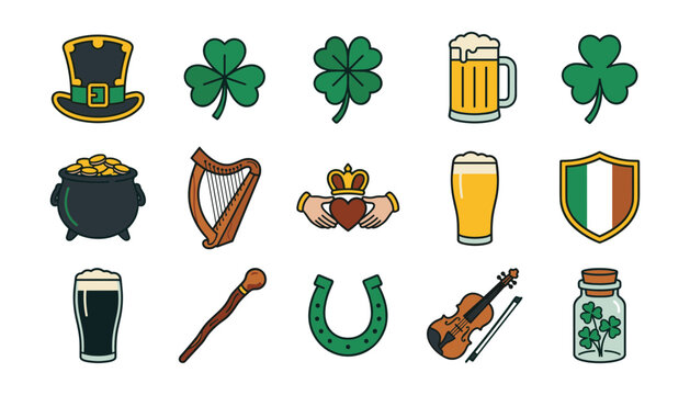 Saint Patricks Day Irish Holiday Celebration Vector Icon Set featuring Leprechaun Top Hat, Shamrocks, Pot of Gold, Harp, Claddagh Ring, Horseshoe, and Beer Mugs