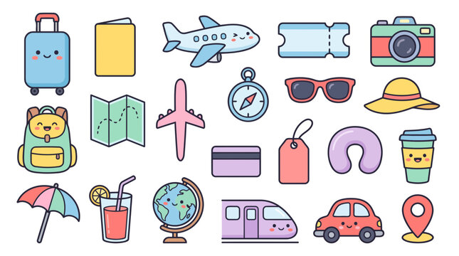 Kawaii Travel Vacation Suitcase Airplane and Adventure Sticker Bundle Vector