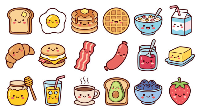 Kawaii Sweet Treats Cute Food Sticker Bundle Flat Vector Illustration