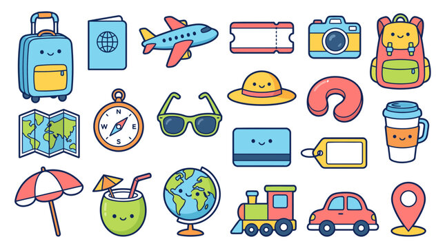 Kawaii Travel Vacation Suitcase Airplane and Adventure Sticker Bundle Vector