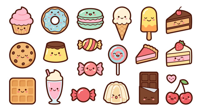 Kawaii Sweet Treats Cute Food Sticker Bundle Flat Vector Illustration