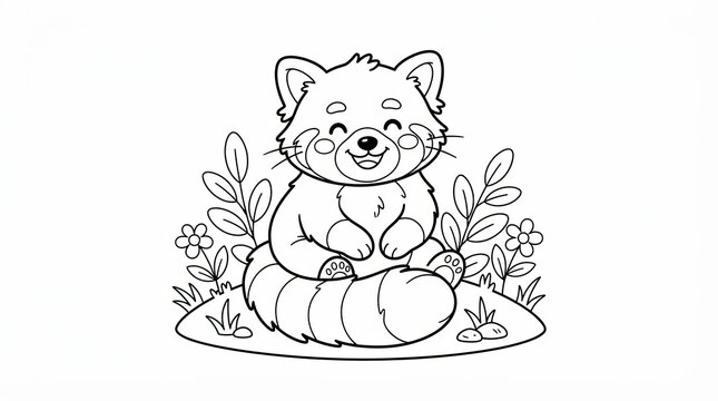 Cute red panda sitting in a garden for coloring page for kids