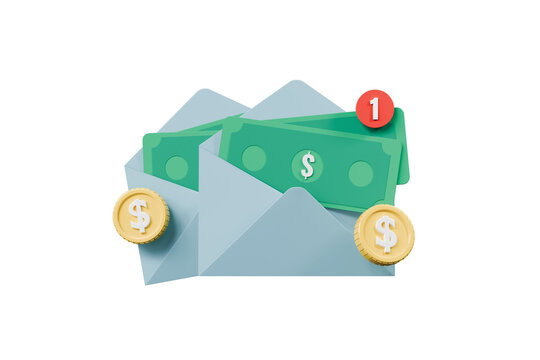 3d payment envelope icon. money alert concept. minimal cartoon banknotes, coins, alert badge and cash message for banking. isolated on white transparent background. 3d render.