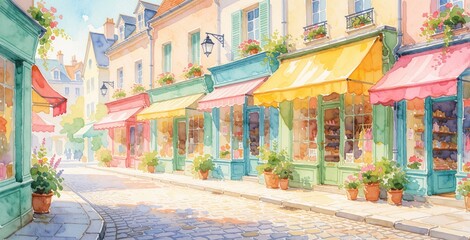 Fototapeta premium Watercolor painting shows charming street with shops. Pastel buildings have colorful awnings and flower pots. Cobblestone pavement creates quaint, inviting scene. It suggests peaceful European town.
