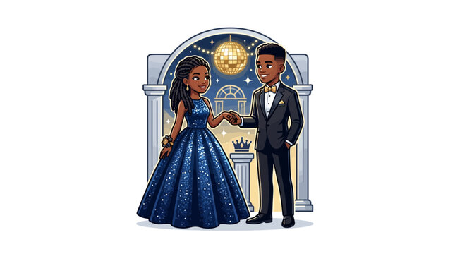 Couple dancing at a prom night event with formal attire and elegant decorations in the background setting.