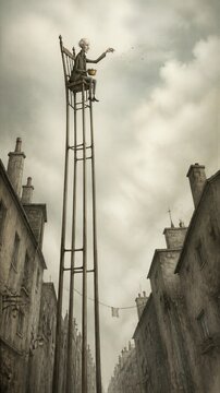Surreal old man sitting on a giant chair above a gloomy historic city street, scattering mysterious objects into the cloudy sky. Dreamlike fantasy concept.