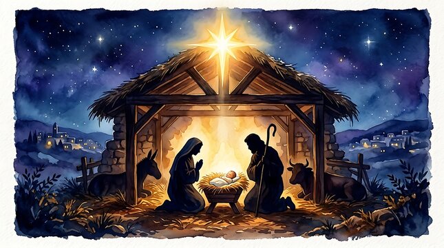 Nativity scene with baby jesus in a manger, mary and joseph in a stable under the star of bethlehem, watercolor illustration of christmas night