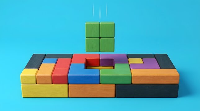 Strategic problem solving concept showing a green wooden block fitting perfectly into a colorful puzzle structure
