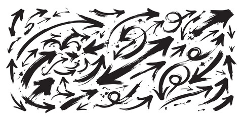 Fototapeta premium Hand drawn ink brush stroke arrows collection featuring messy black painted pointers and grunge directional symbols for artistic layouts graffiti designs and expressive graphic illustrations.